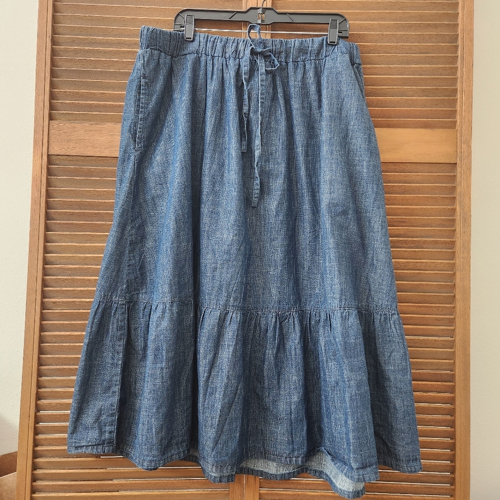 Woman Within Women's Blue Cotton Chambray A-line Skirt Ruffle Size 24W Petite